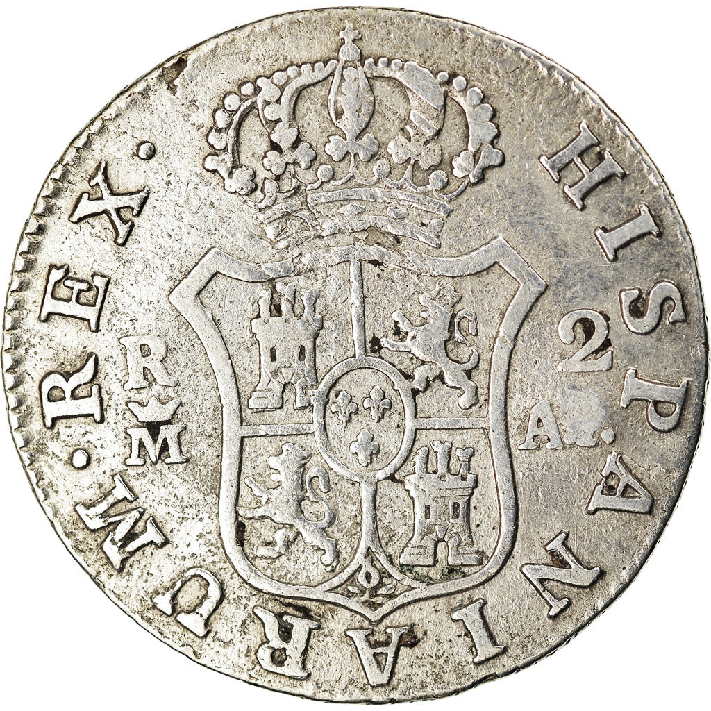 Moneta, Spagna, Charles IV, 2 Reales, 1808, Madrid, MB, Argento, KM:430.1