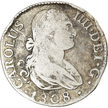Moneta, Spagna, Charles IV, 2 Reales, 1808, Madrid, MB, Argento, KM:430.1