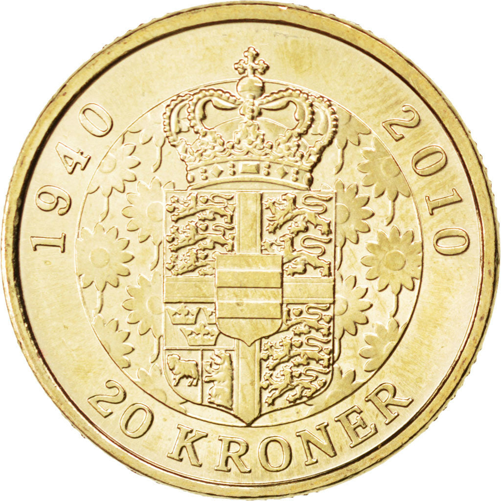 Coin, Denmark, Margrethe II, 20 Kroner, 2010, MS(63), Aluminum-Bronze, KM:937