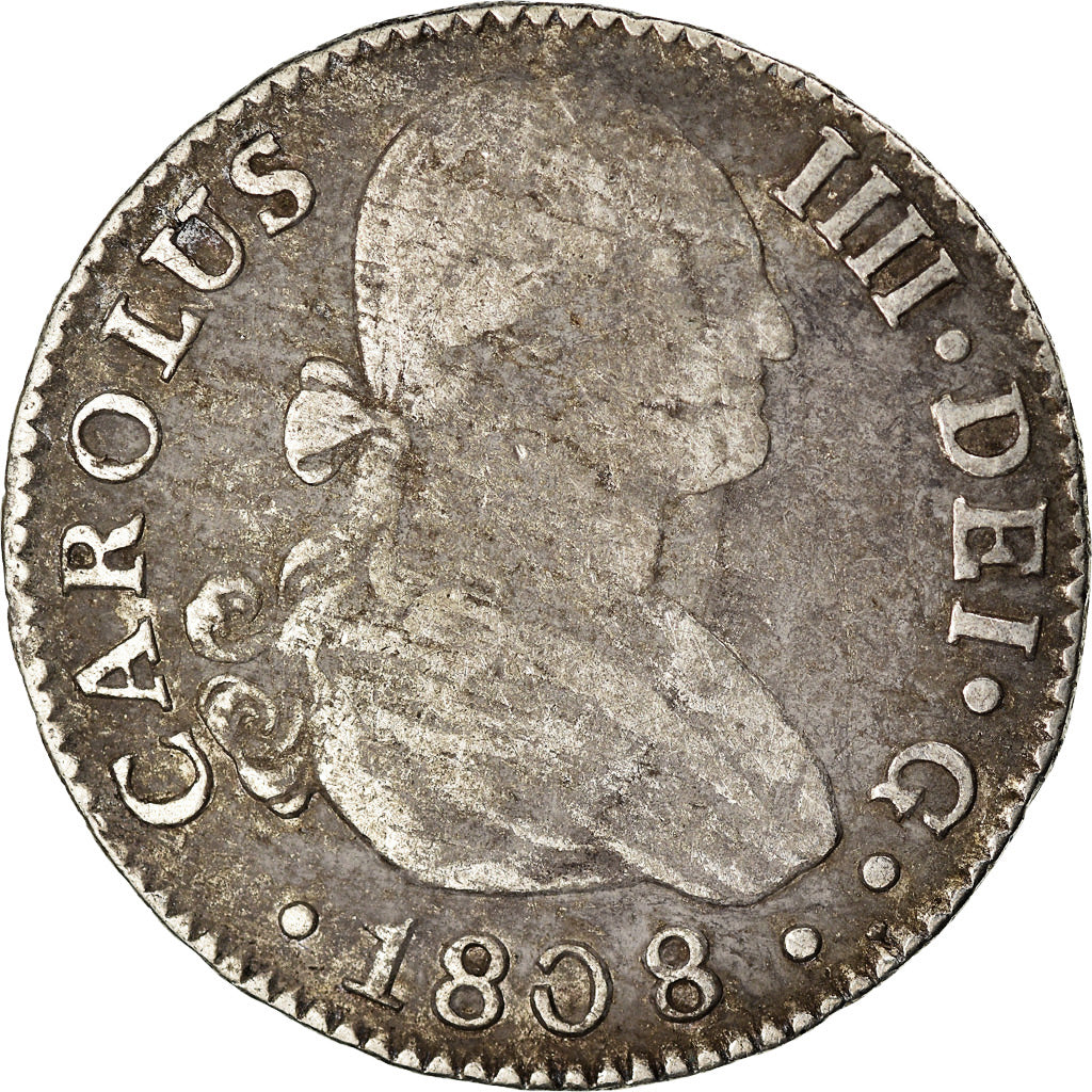 Coin, Spain, Charles IV, 2 Reales, 1808, Seville, VF(20-25), Silver, KM:430.2