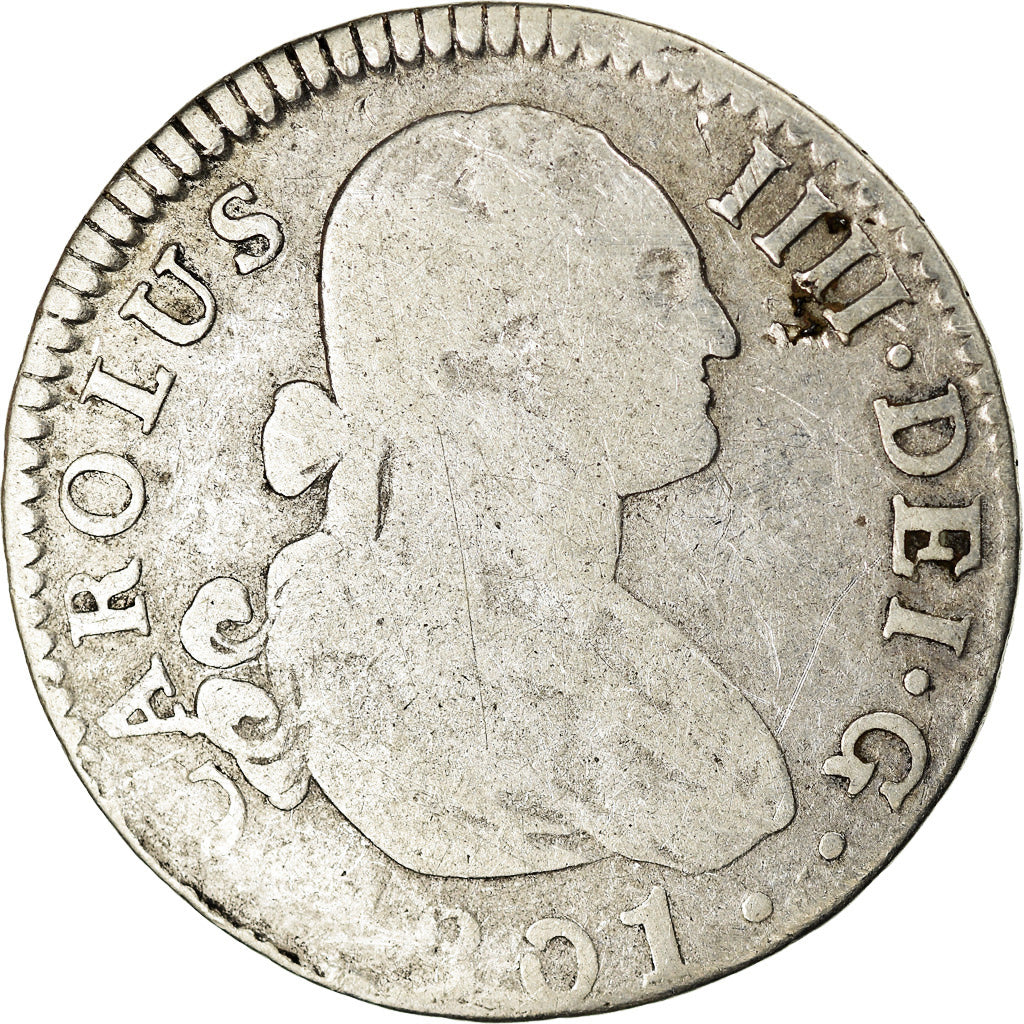Coin, Spain, Charles IV, 2 Reales, 1801, Seville, F(12-15), Silver, KM:430.2