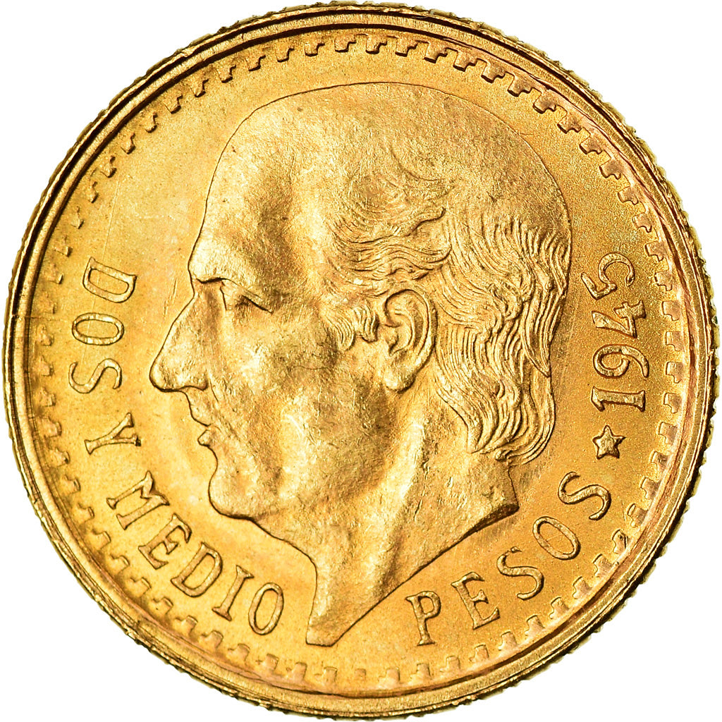Coin, Mexico, 2-1/2 Pesos, 1945, Mexico City, MS(63), Gold, KM:463