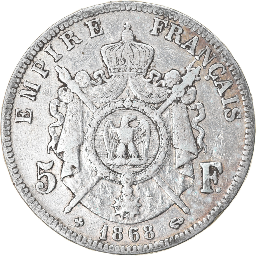 Moneda, Francia, Napoléon III, 5 Francs, 1868, Strasbourg, BC+, Plata