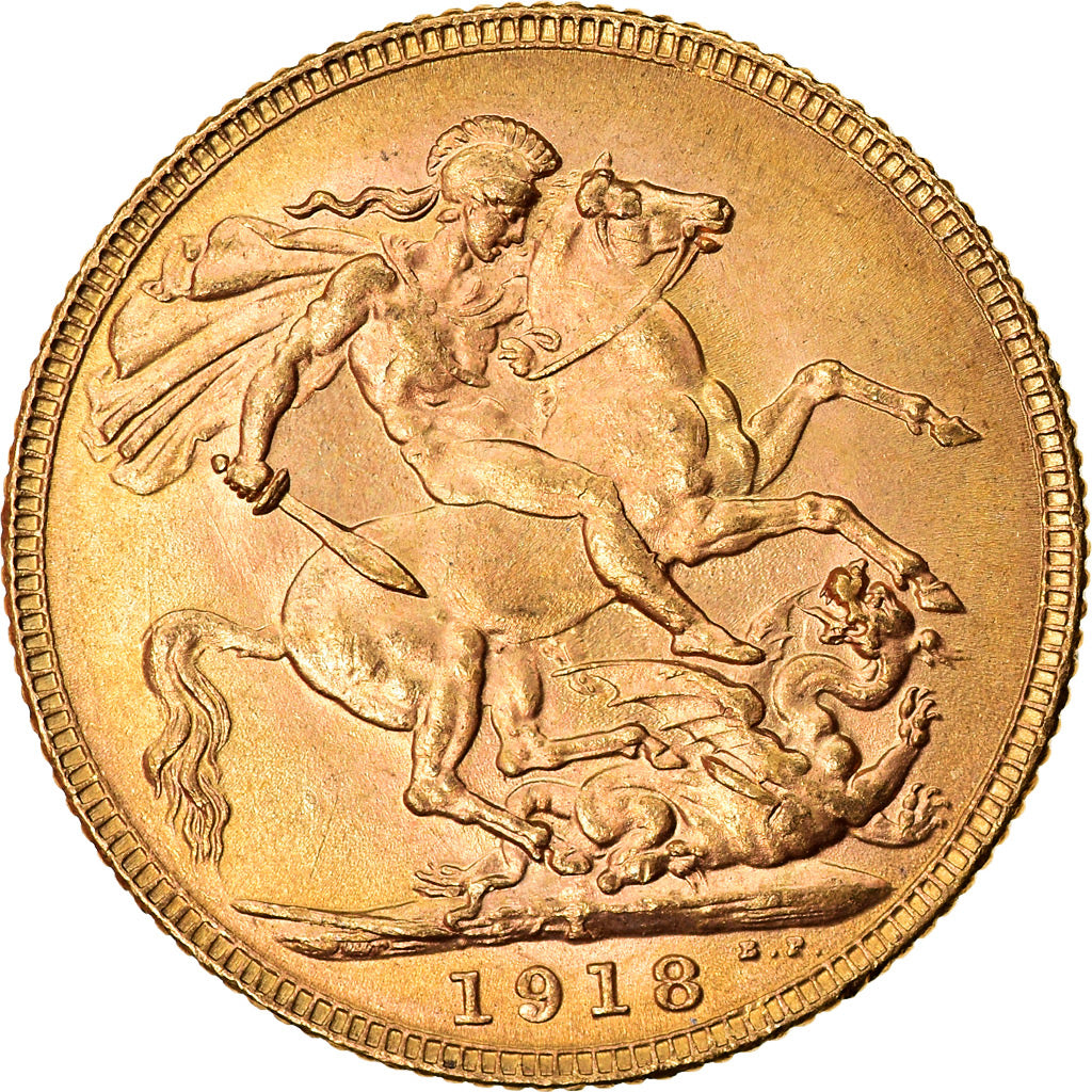 Moneta, INDIE BRYTYJSKIE, George V, Sovereign, 1918, Bombay, MS(60-62), Złoto