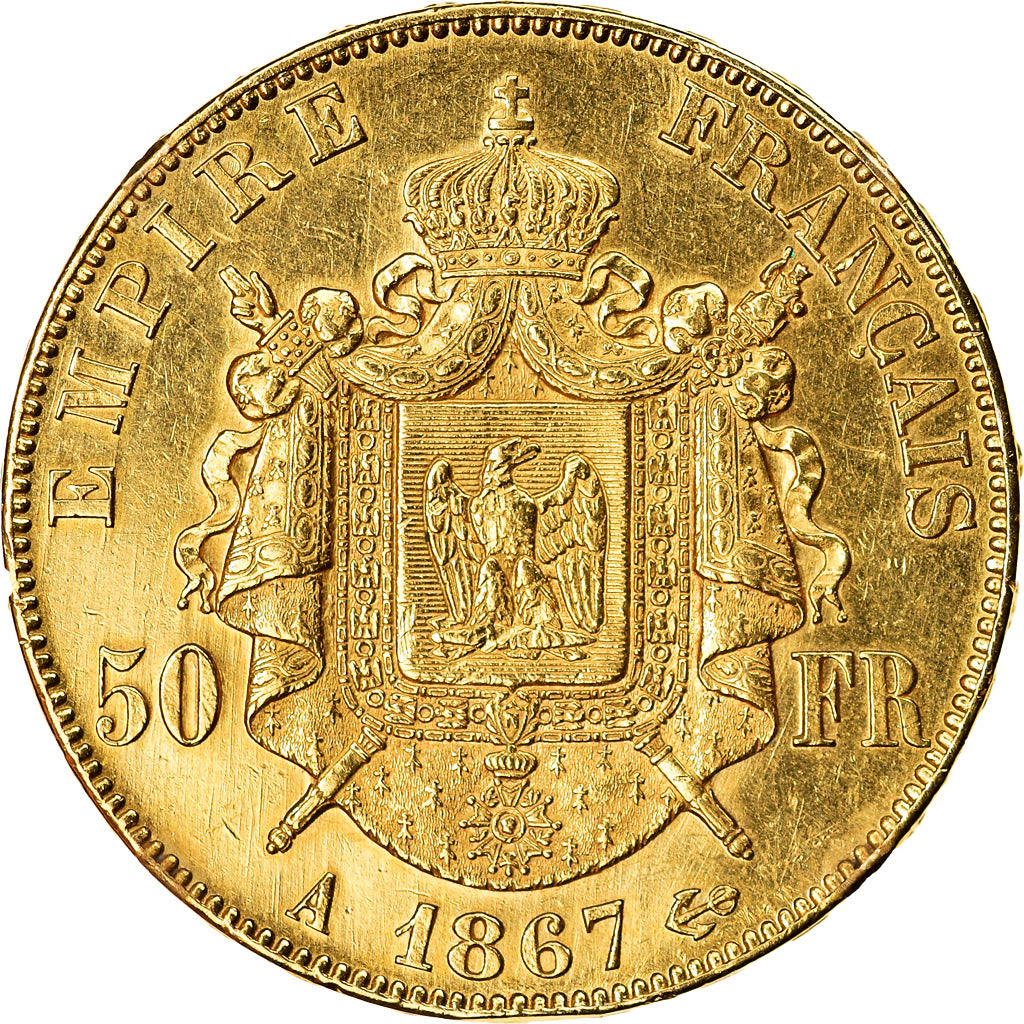 Moneta, Francia, Napoleon III, Napoléon III, 50 Francs, 1867, Paris, BB+, Oro