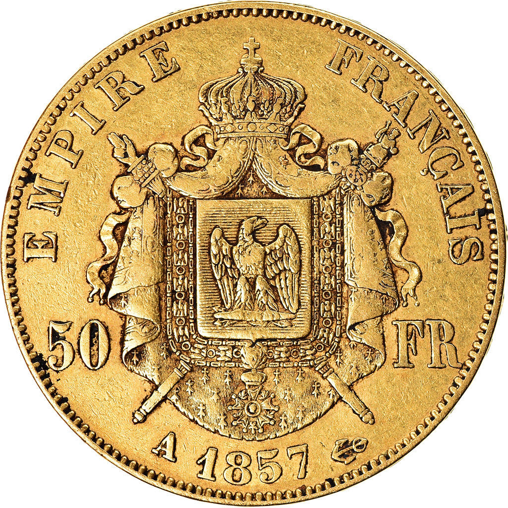 Moneda, Francia, Napoleon III, Napoléon III, 50 Francs, 1857, Paris, BC+, Oro