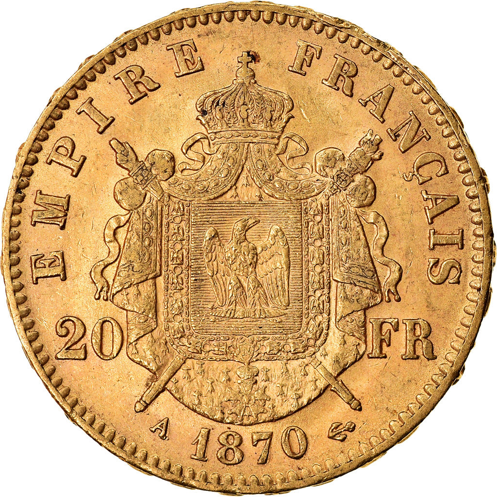Moneta, Francja, Napoleon III, Napoléon III, 20 Francs, 1870, Paris, AU(55-58)