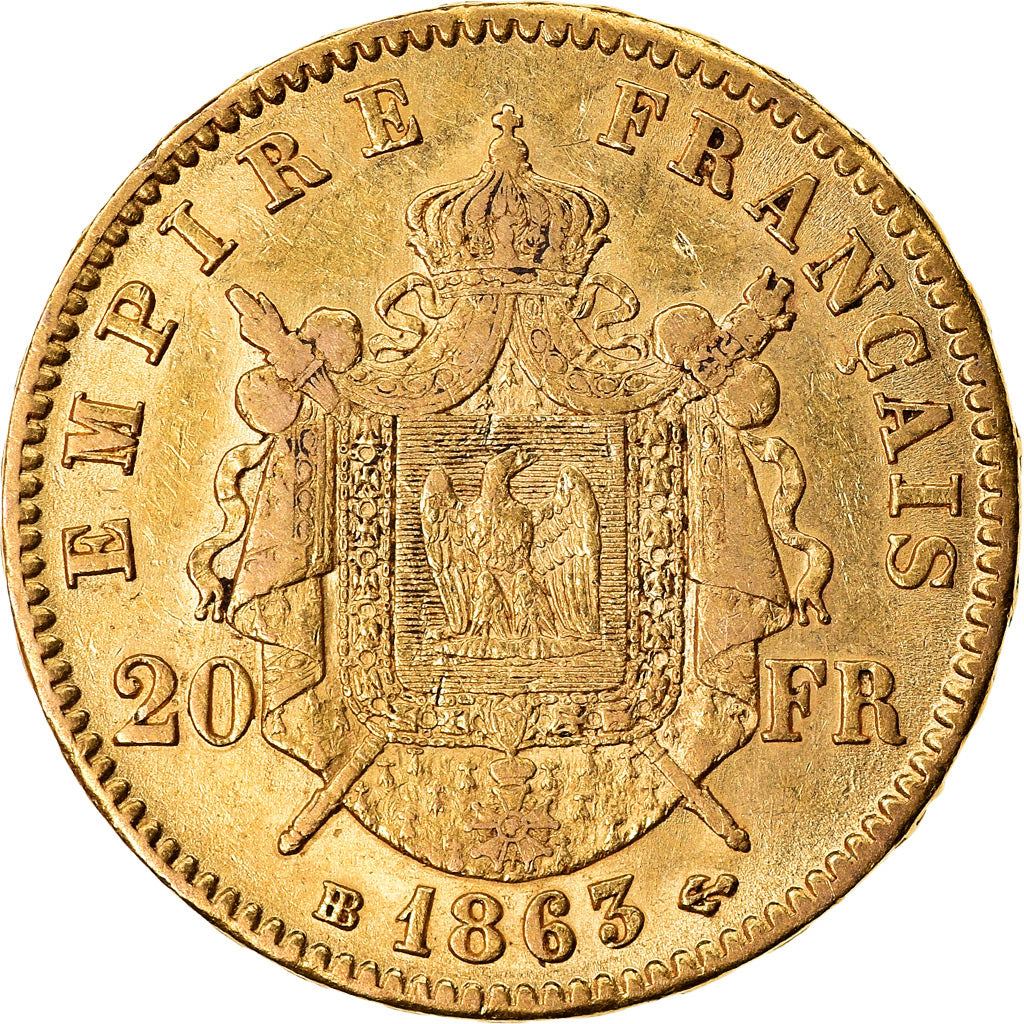 Moneta, Francia, Napoleon III, Napoléon III, 20 Francs, 1863, Strasbourg, BB