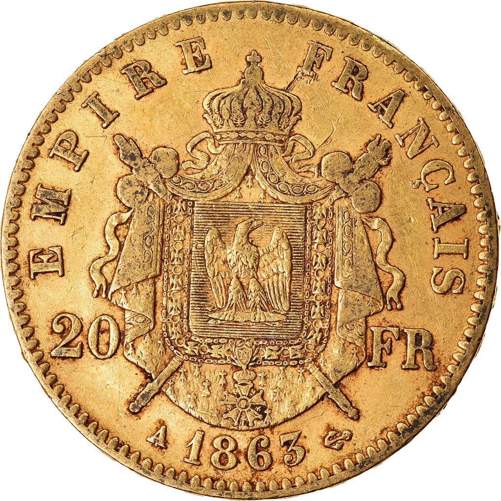 Moneta, Francja, Napoleon III, Napoléon III, 20 Francs, 1863, Paris, EF(40-45)