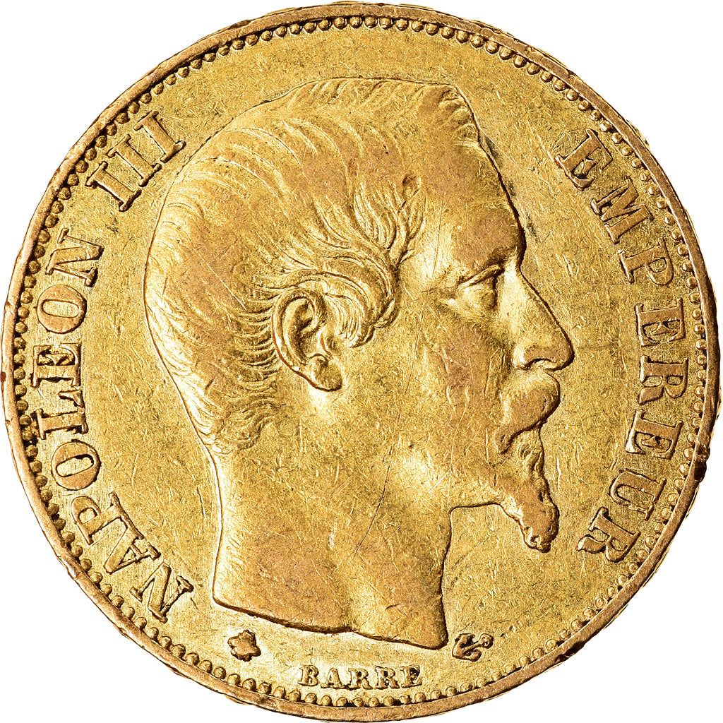 Moneta, Francia, Napoleon III, 20 Francs, 1859, Strasbourg, BB, Oro, KM:781.2