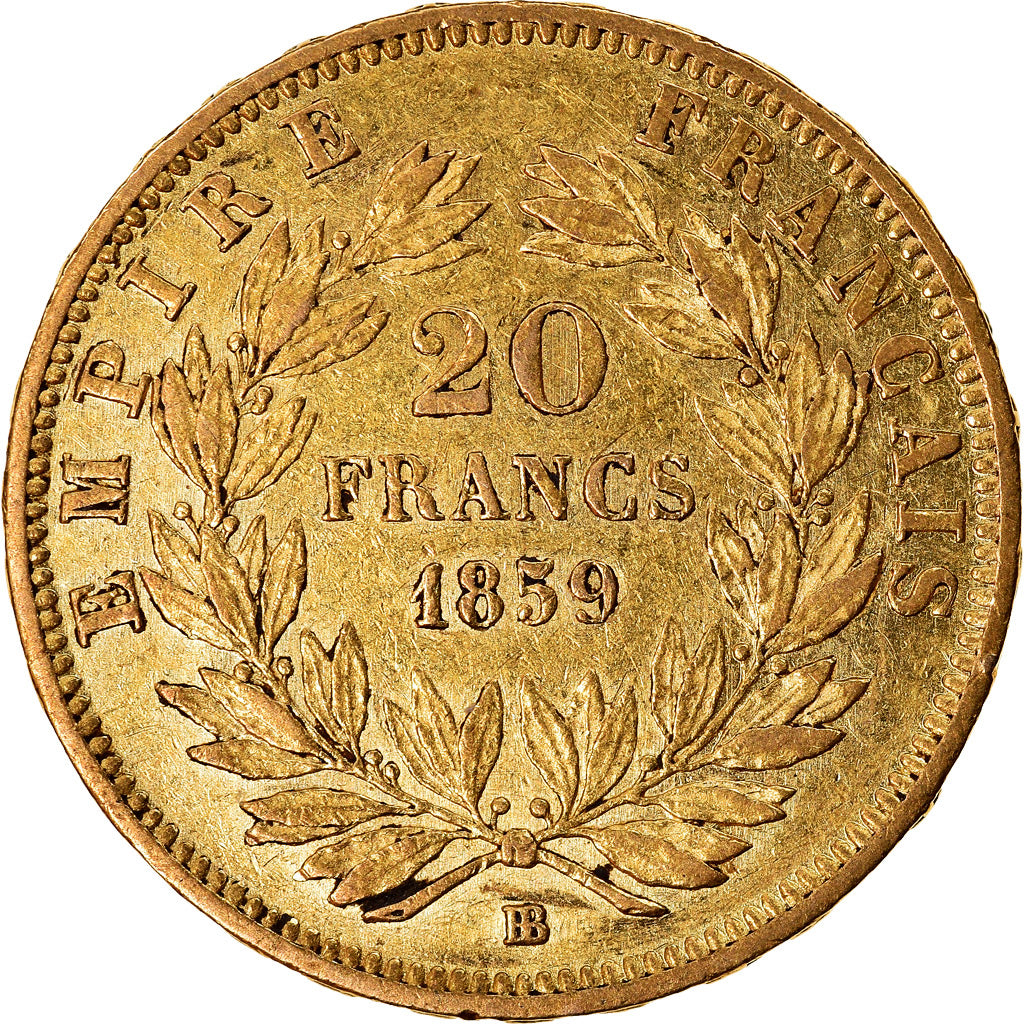 Moneta, Francia, Napoleon III, 20 Francs, 1859, Strasbourg, BB, Oro, KM:781.2