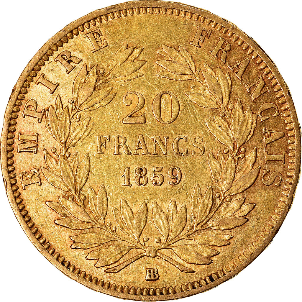 Moneda, Francia, Napoleon III, 20 Francs, 1859, Strasbourg, MBC+, Oro, KM:781.2