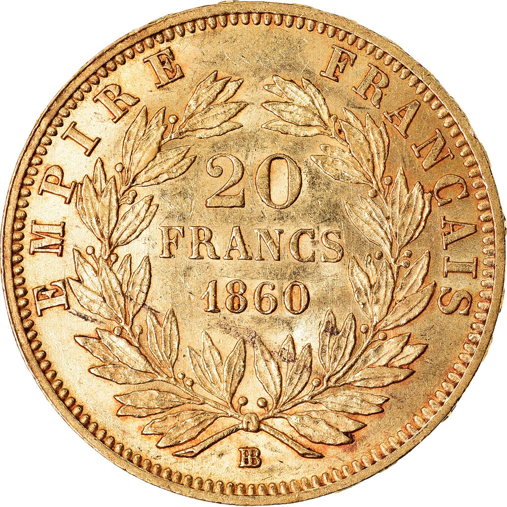 Moeda, França, Napoleon III, 20 Francs, 1860, Strasbourg, AU(50-53), Dourado