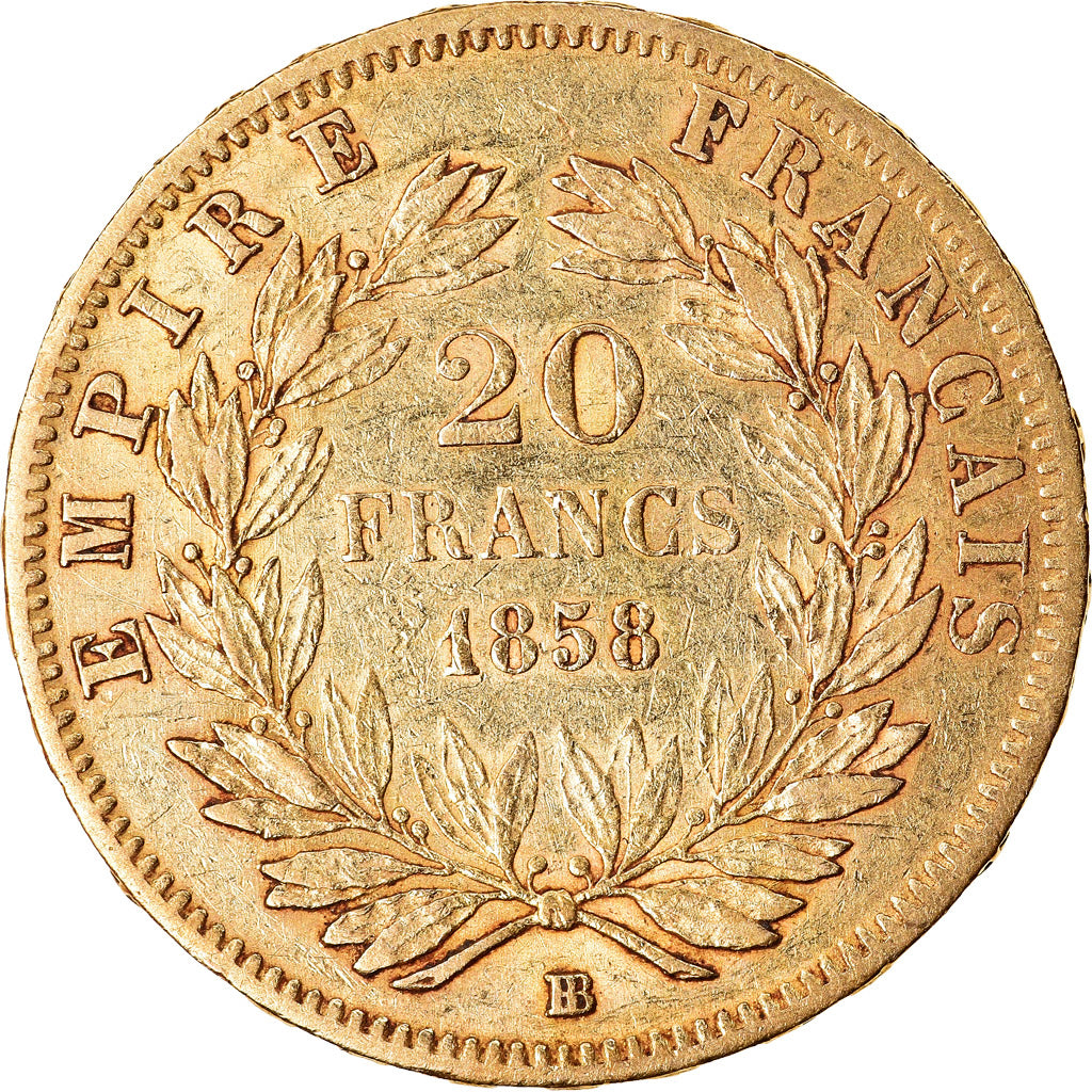 Frankreich, Napoleon III, 20 Francs, 1858, Strasbourg, SS, Gold, KM:781.2