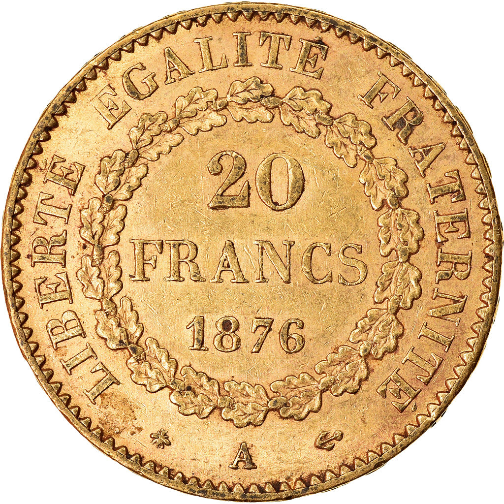Moneda, Francia, Génie, 20 Francs, 1876, Paris, MBC+, Oro, KM:825, Gadoury:1063