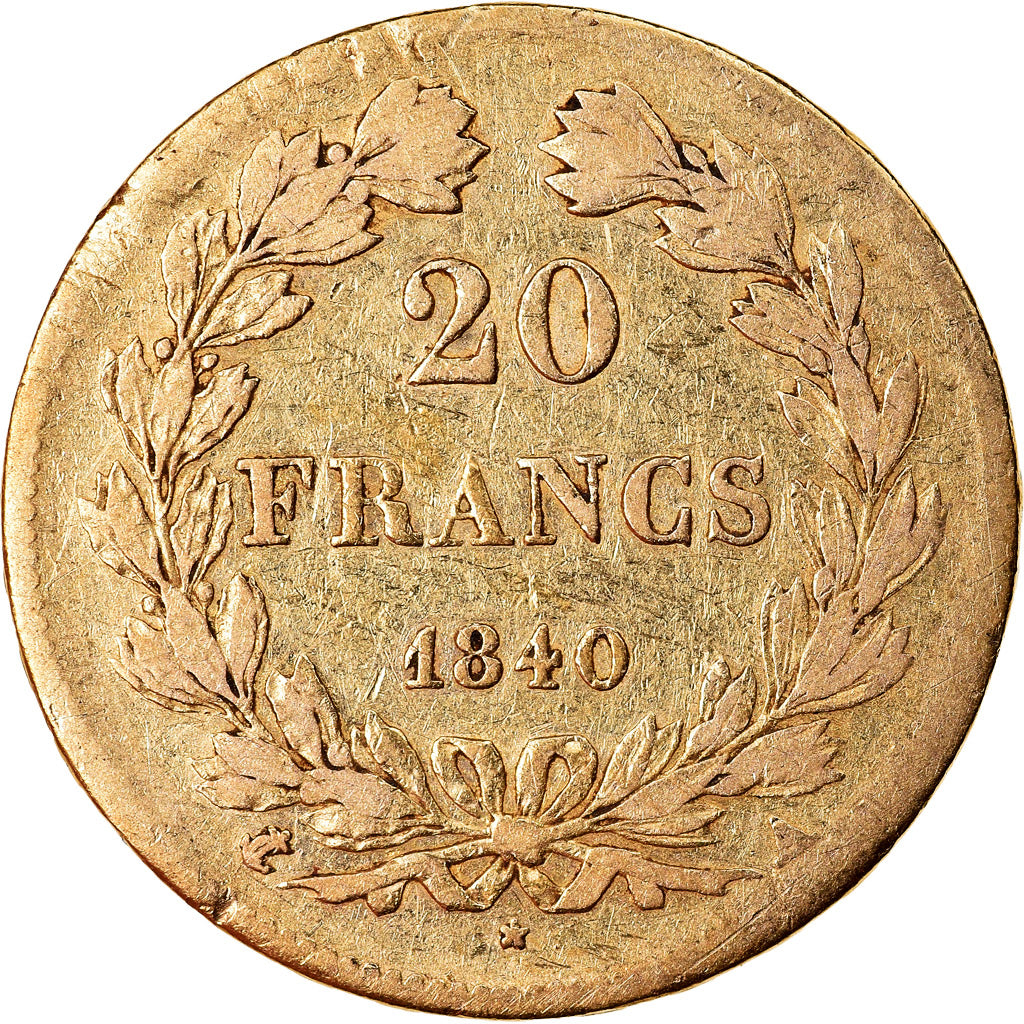 Moneda, Francia, Louis-Philippe, 20 Francs, 1840, Paris, BC+, Oro, KM:750.1