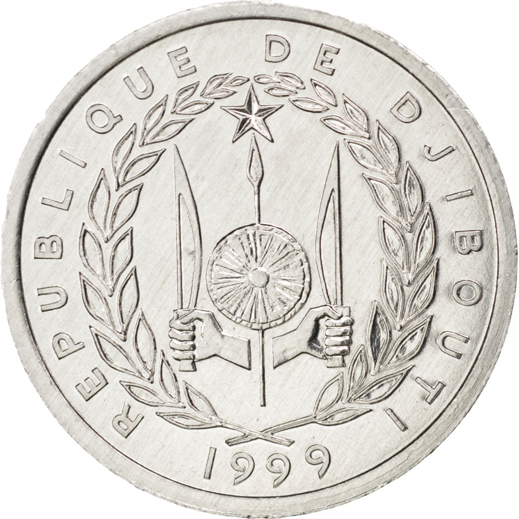 DJIBOUTI, 2 Francs, 1999, Paris, KM #21, MS(63), Aluminum, 27.1, 2.22