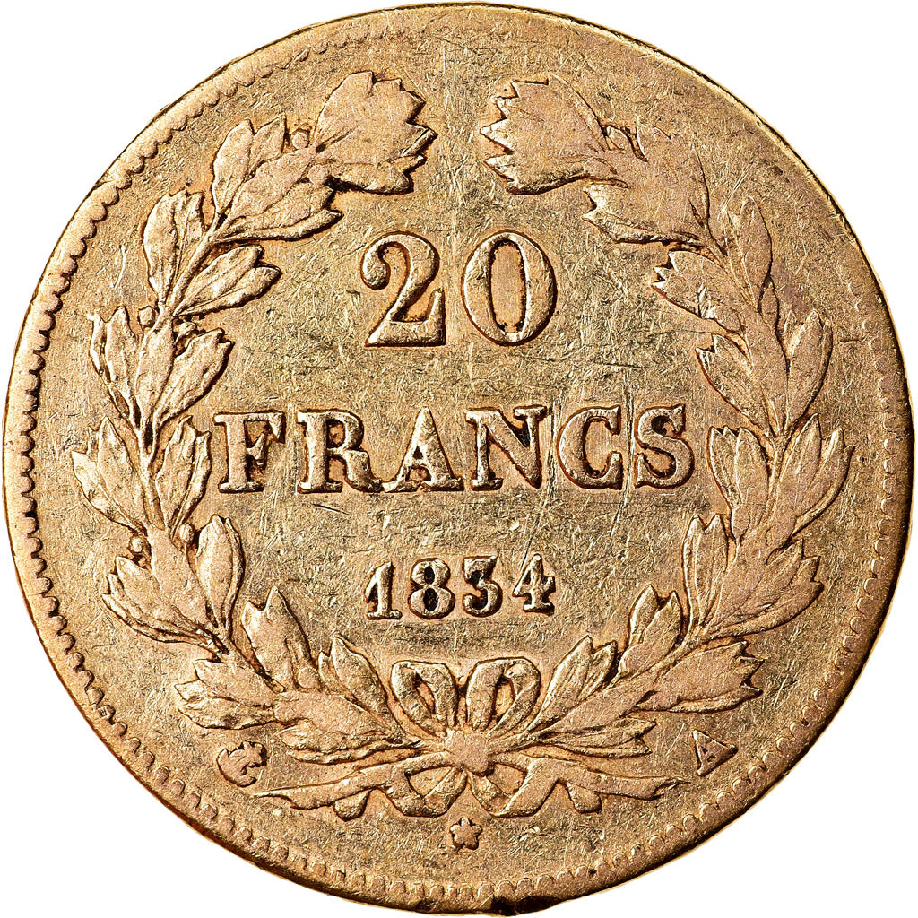 Moeda, França, Louis-Philippe, 20 Francs, 1834, Paris, VF(30-35), Dourado