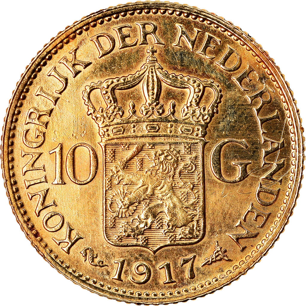 Coin, Netherlands, Wilhelmina I, 10 Gulden, 1917, AU(50-53), Gold, KM:149