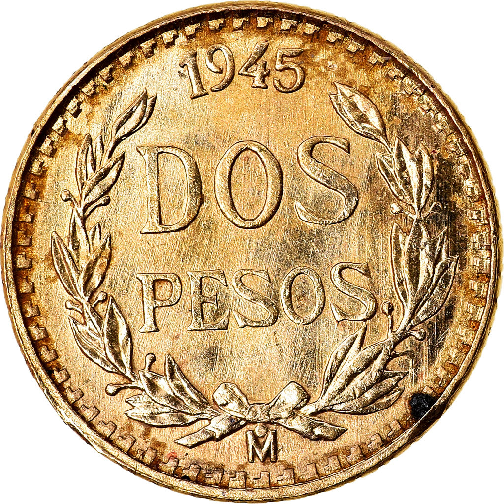 Coin, Mexico, 2 Pesos, 1945, Mexico City, AU(50-53), Gold, KM:461