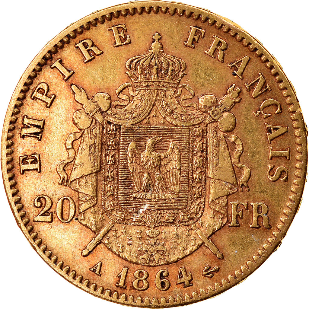 Coin, France, Napoleon III, Napoléon III, 20 Francs, 1864, Paris, AU(50-53)