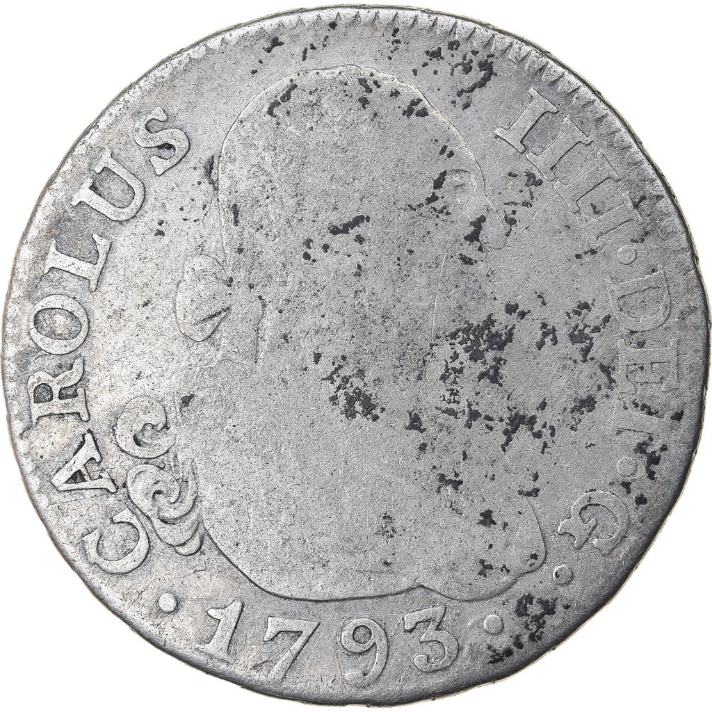 Moneta, Spagna, Charles IV, 2 Reales, 1793, Madrid, MB, Argento, KM:430.1