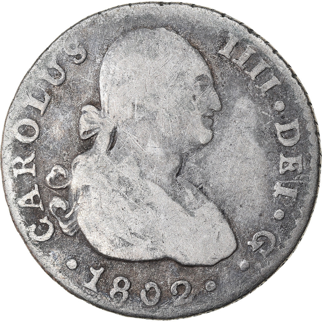 Moneta, Spagna, Charles IV, Real, 1802, Seville, MB, Argento, KM:429.2
