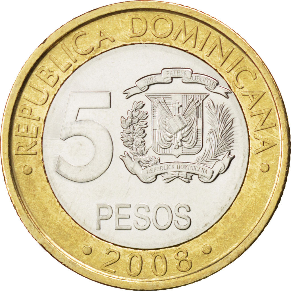 DOMINICAN REPUBLIC, 5 Pesos, 2008, KM #89, MS(63), Bi-Metallic, 23, 6.05