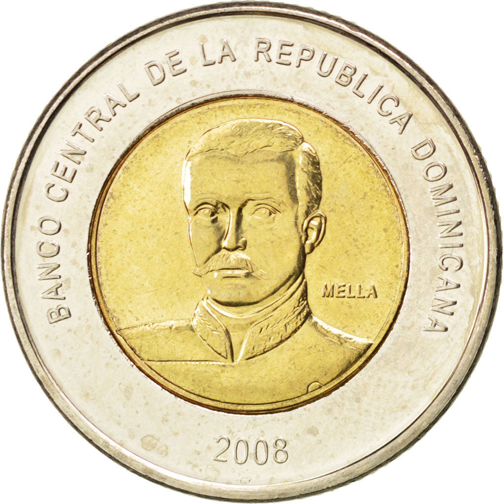DOMINICAN REPUBLIC, 10 Pesos, 2008, KM #106, MS(63), Bi-Metallic, 27, 7.96