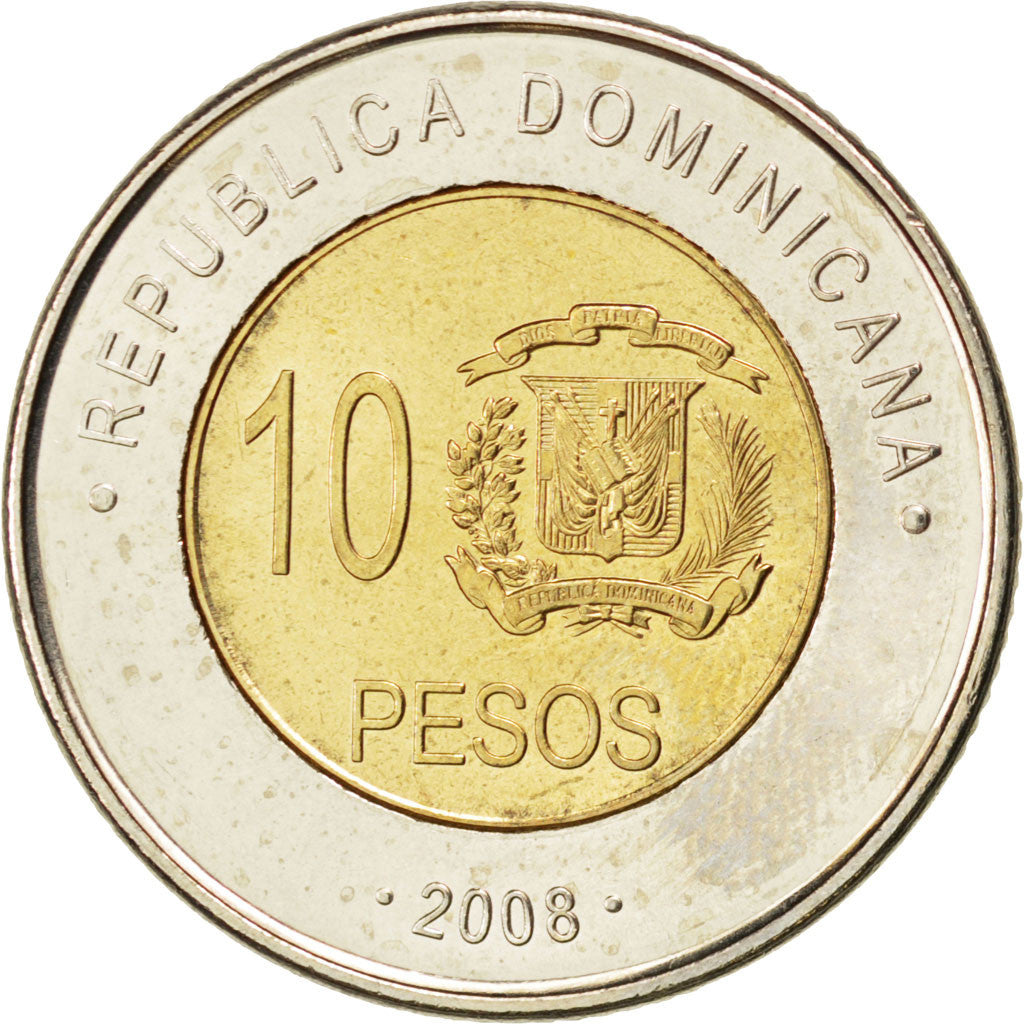DOMINICAN REPUBLIC, 10 Pesos, 2008, KM #106, MS(63), Bi-Metallic, 27, 7.96