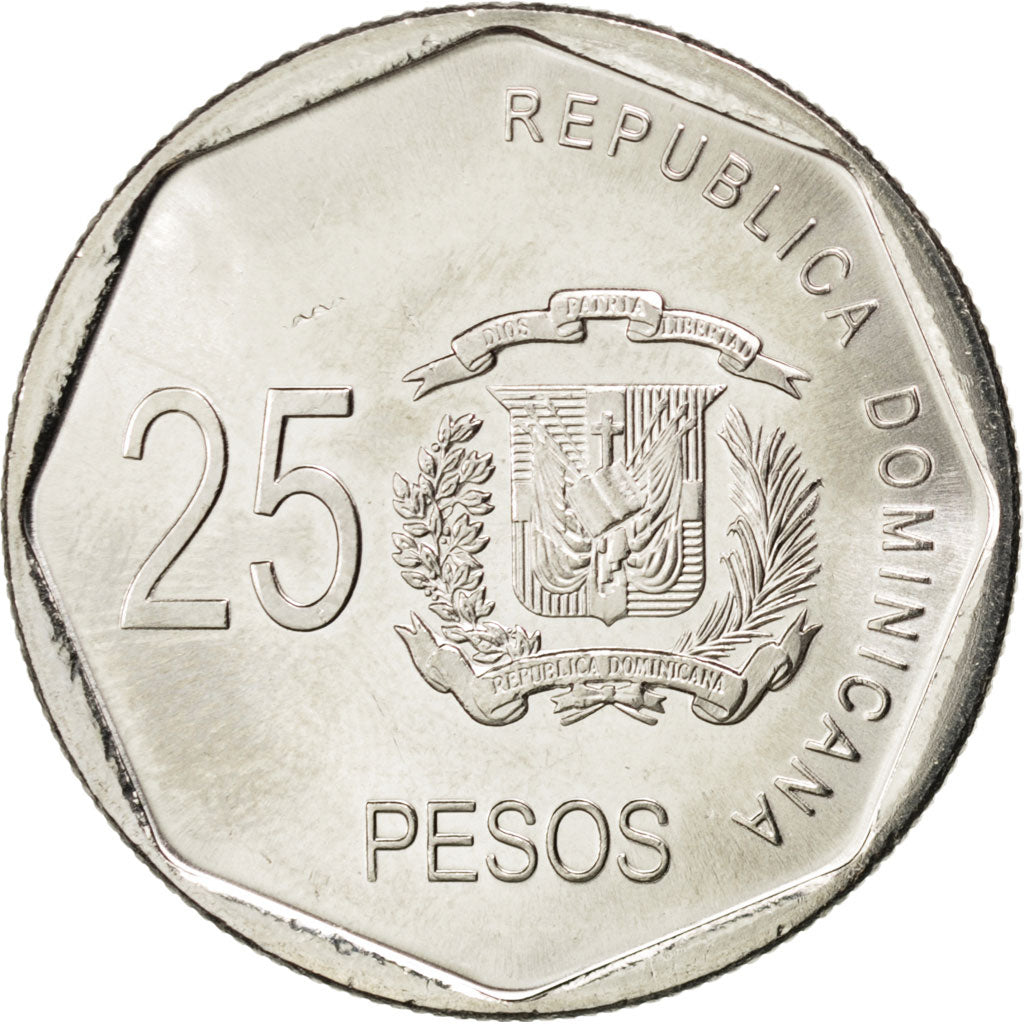 DOMINICAN REPUBLIC, 25 Pesos, 2008, KM #107, MS(63), Copper-Nickel, 28.82, 8.49