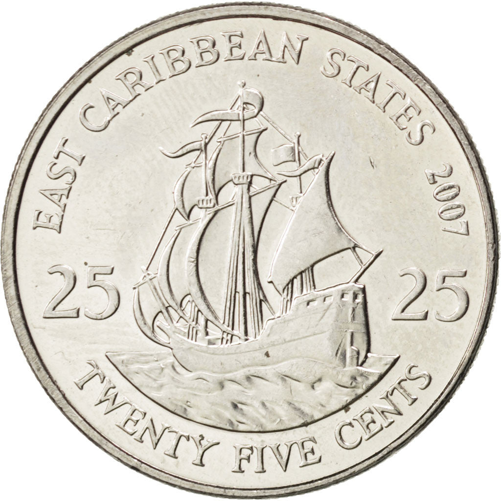 EAST CARIBBEAN STATES, 25 Cents, 2007, British Royal Mint, KM #38, MS(63),...