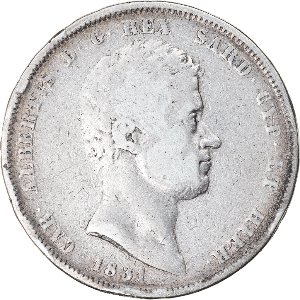 Moeda, ESTADOS ITALIANOS, SARDINIA, Carlo Alberto, 5 Lire, 1831, Genoa