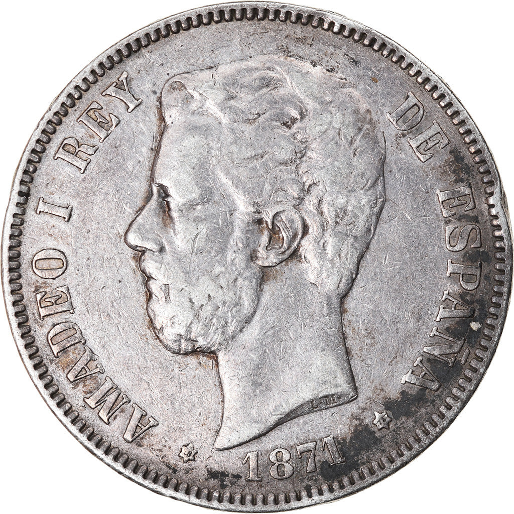 Coin, Spain, Amadeao I, 5 Pesetas, 1871 (75), Madrid, EF(40-45), Silver, KM:666