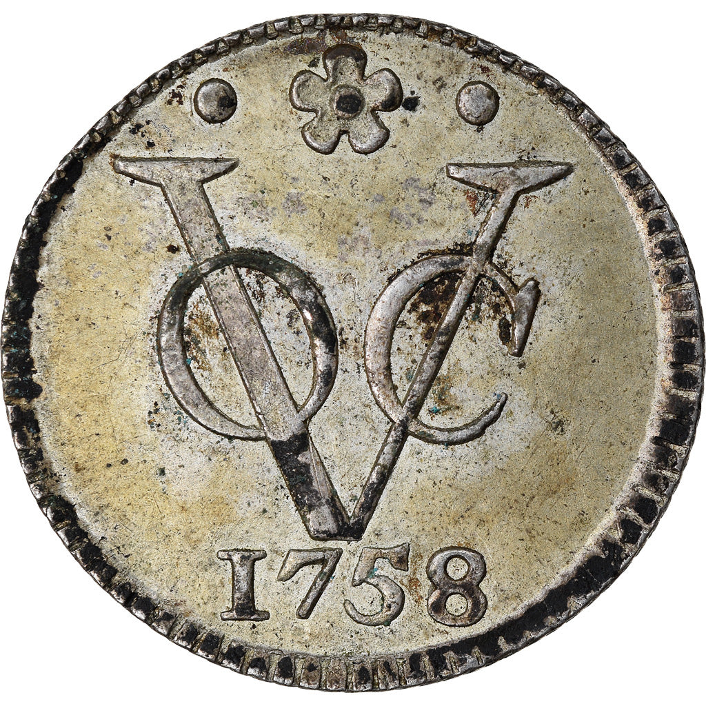 Coin, NETHERLANDS EAST INDIES, Duit, 1758, Dordrecht, AU(55-58), Silver, KM:70a
