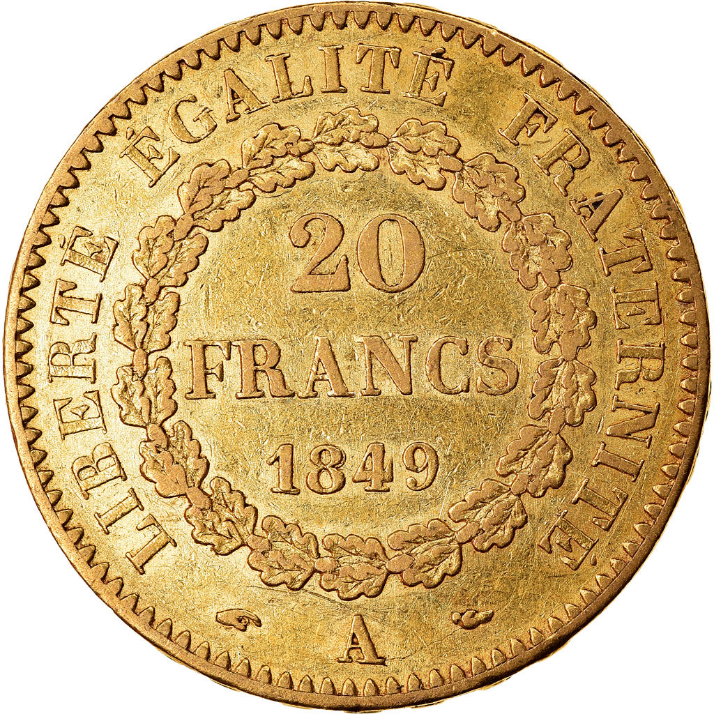 Moeda, França, Génie, 20 Francs, 1849, Paris, AU(50-53), Dourado, KM:757