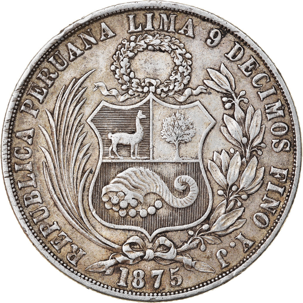 Coin, Peru, SOUTH PERU, Sol, 1875, Lima, AU(50-53), Silver, KM:196.3