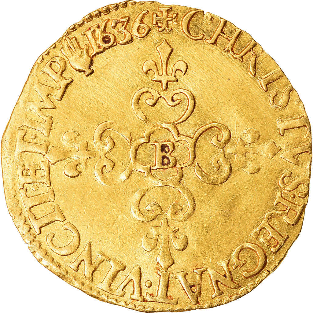 Monnaie, France, Louis XIII, Écu d'or, Ecu d'or, 1636, Rouen, TTB+, Or
