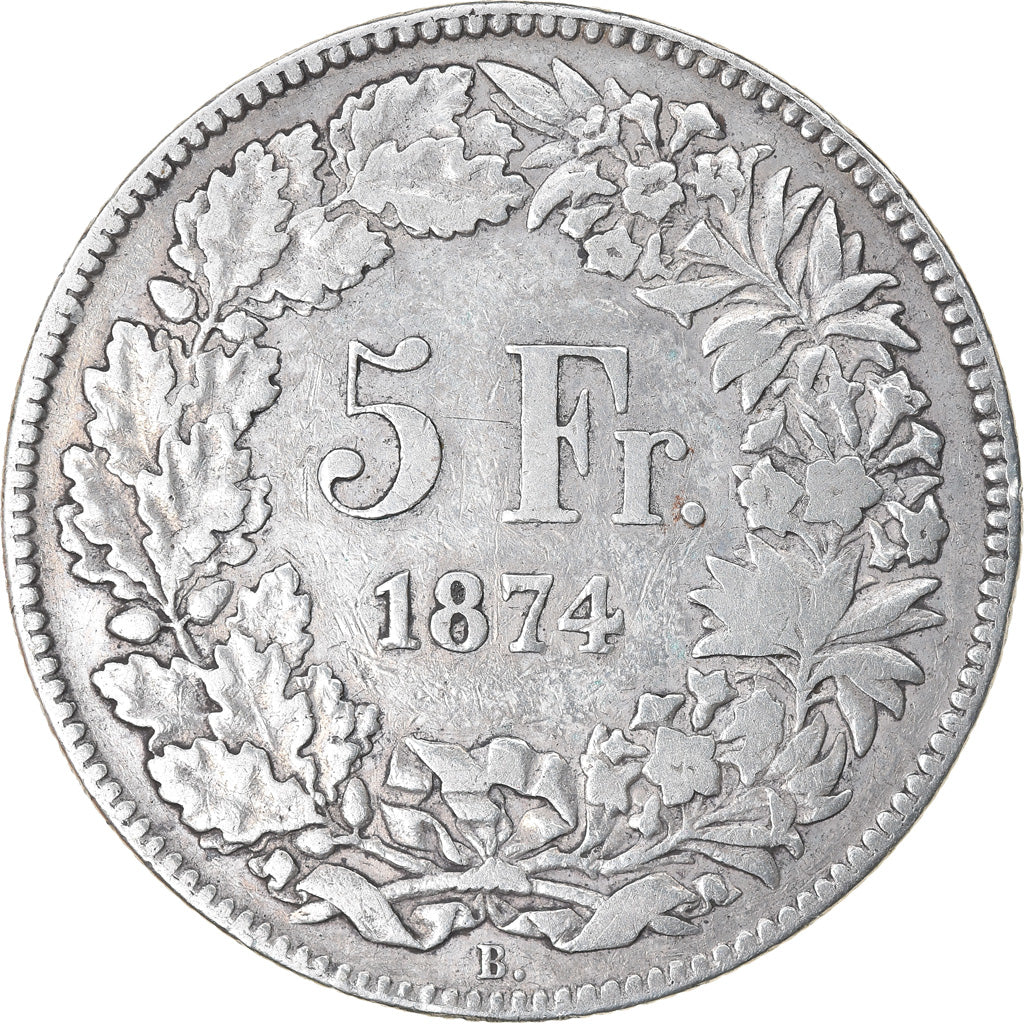 Coin, Switzerland, Helvetia, 5 Francs, 1874, Bern, VF(30-35), Silver, KM:11
