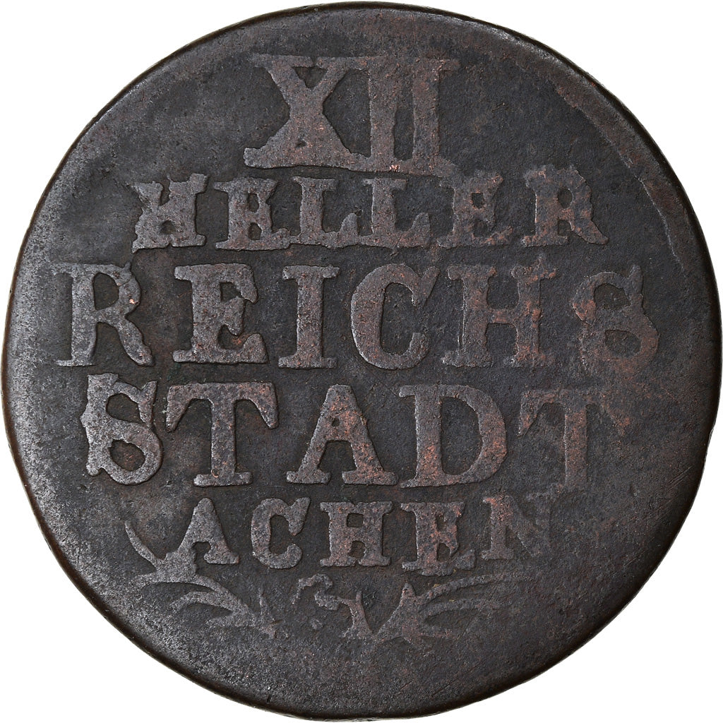 Coin, German States, AACHEN, 12 Heller, 1765, VF(20-25), Copper, KM:51