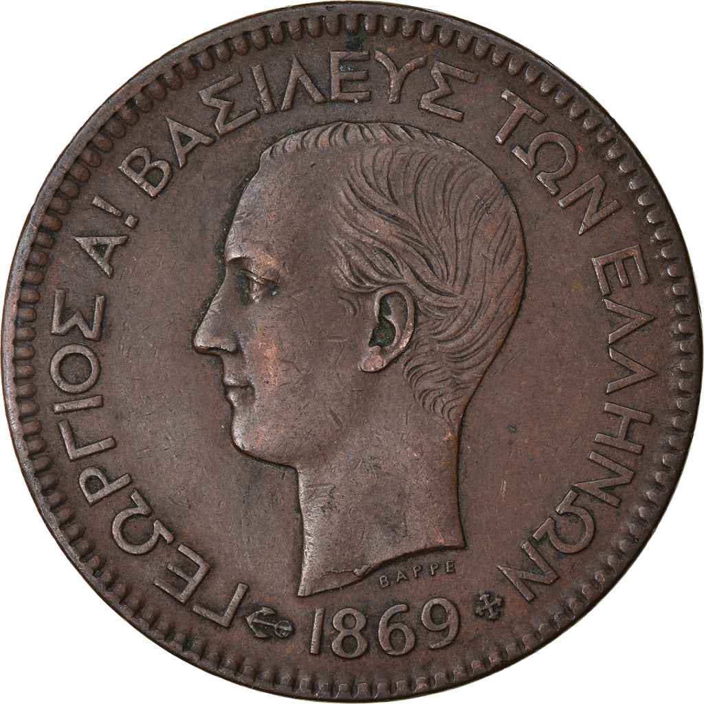 Coin, Greece, George I, 10 Lepta, 1869, Strassburg, AU(50-53), Copper, KM:43