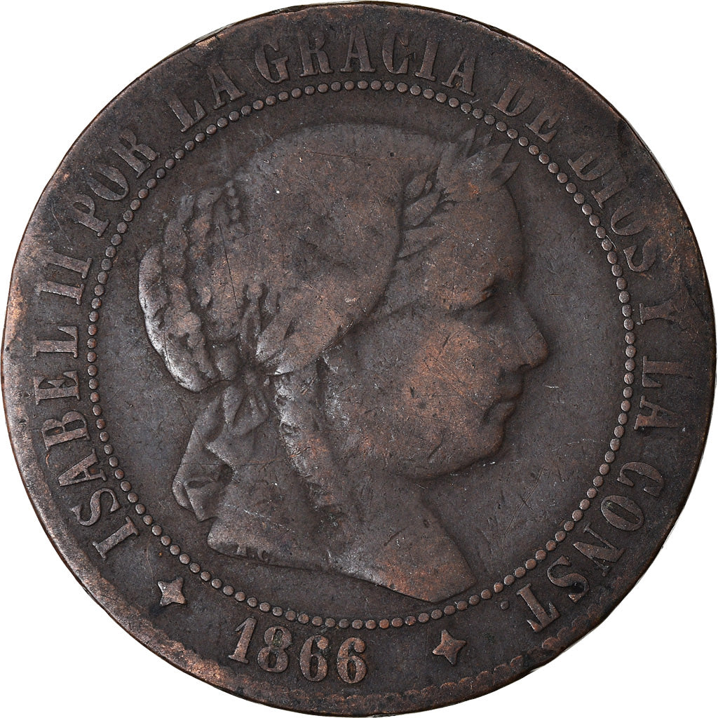 Coin, Spain, Isabel II, 2-1/2 Centimos, 1866, Jubia, VF(20-25), Copper, KM:634.2