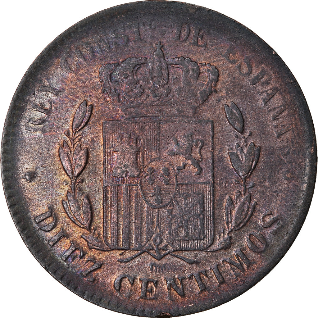 Coin, Spain, Alfonso XII, 10 Centimos, 1879, Barcelona, EF(40-45), Bronze