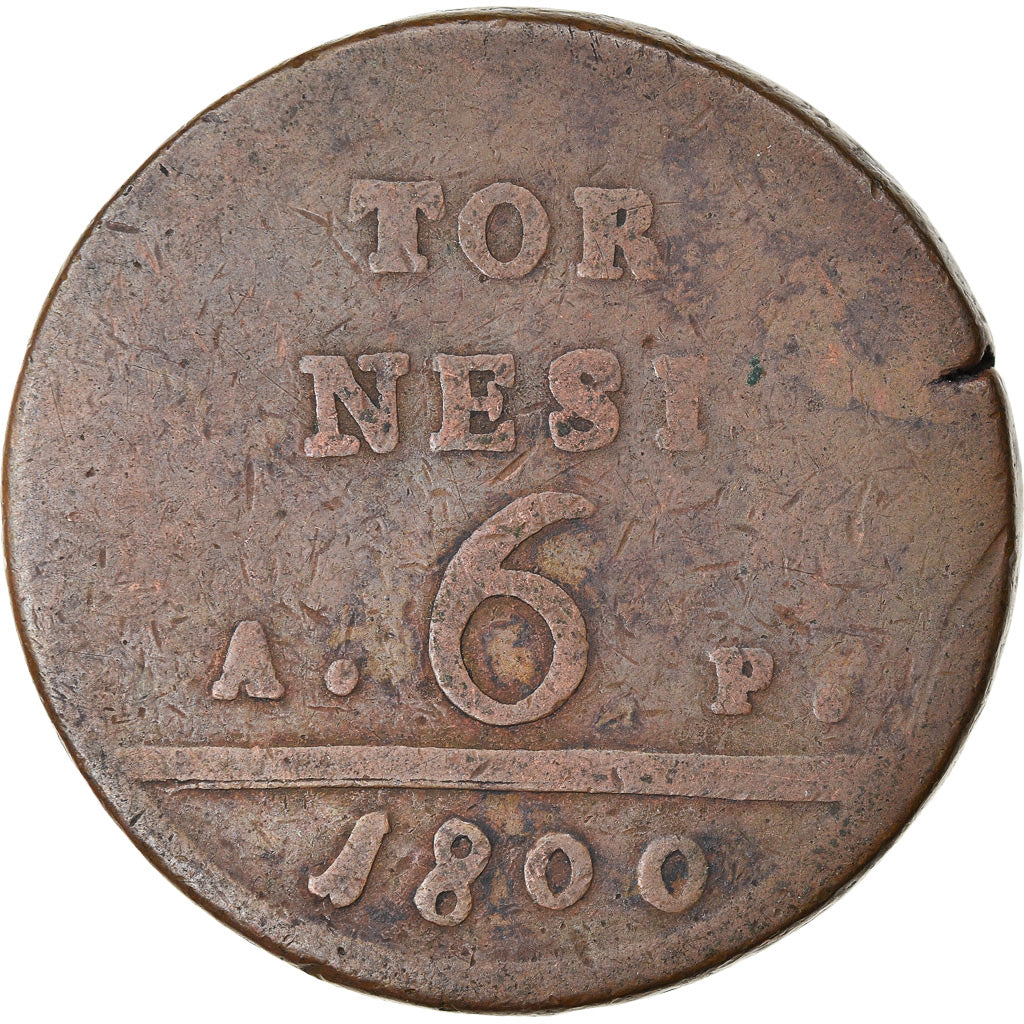 Coin, ITALIAN STATES, NAPLES, Ferdinando IV, 6 Tornesi, 1800, VG(8-10), Copper