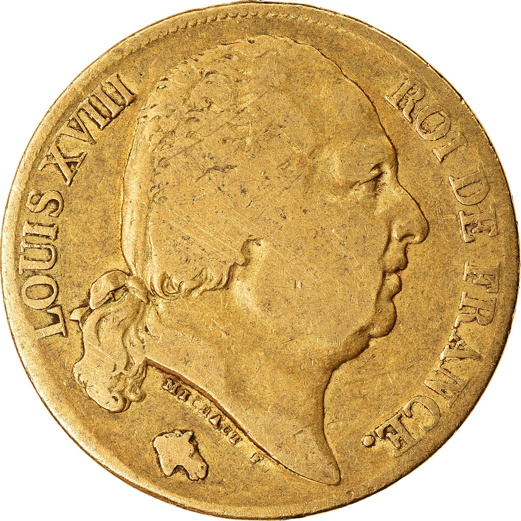 Moneda, Francia, Louis XVIII, 20 Francs, 1819, Paris, BC+, Oro