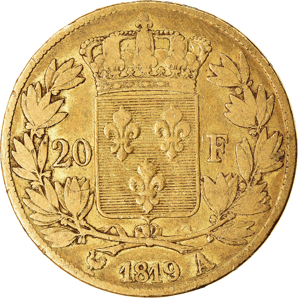 Moneda, Francia, Louis XVIII, 20 Francs, 1819, Paris, BC+, Oro