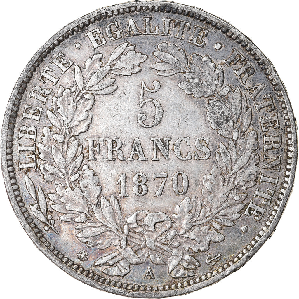 Moneta, Francia, Cérès, 5 Francs, 1870, Paris, BB, Argento, KM:818.1
