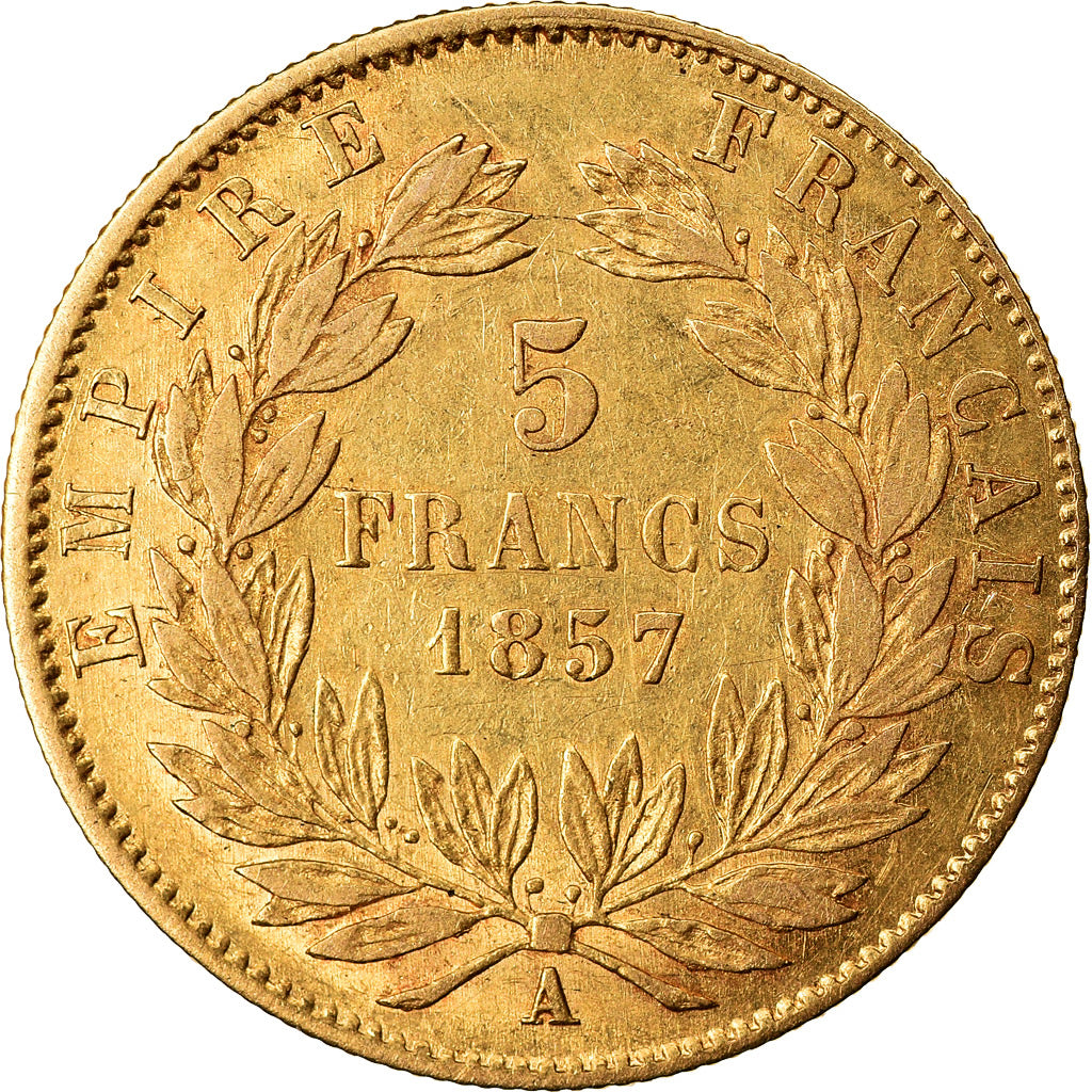 Moneda, Francia, Napoleon III, 5 Francs, 1857, Paris, MBC, Oro, KM:787.1