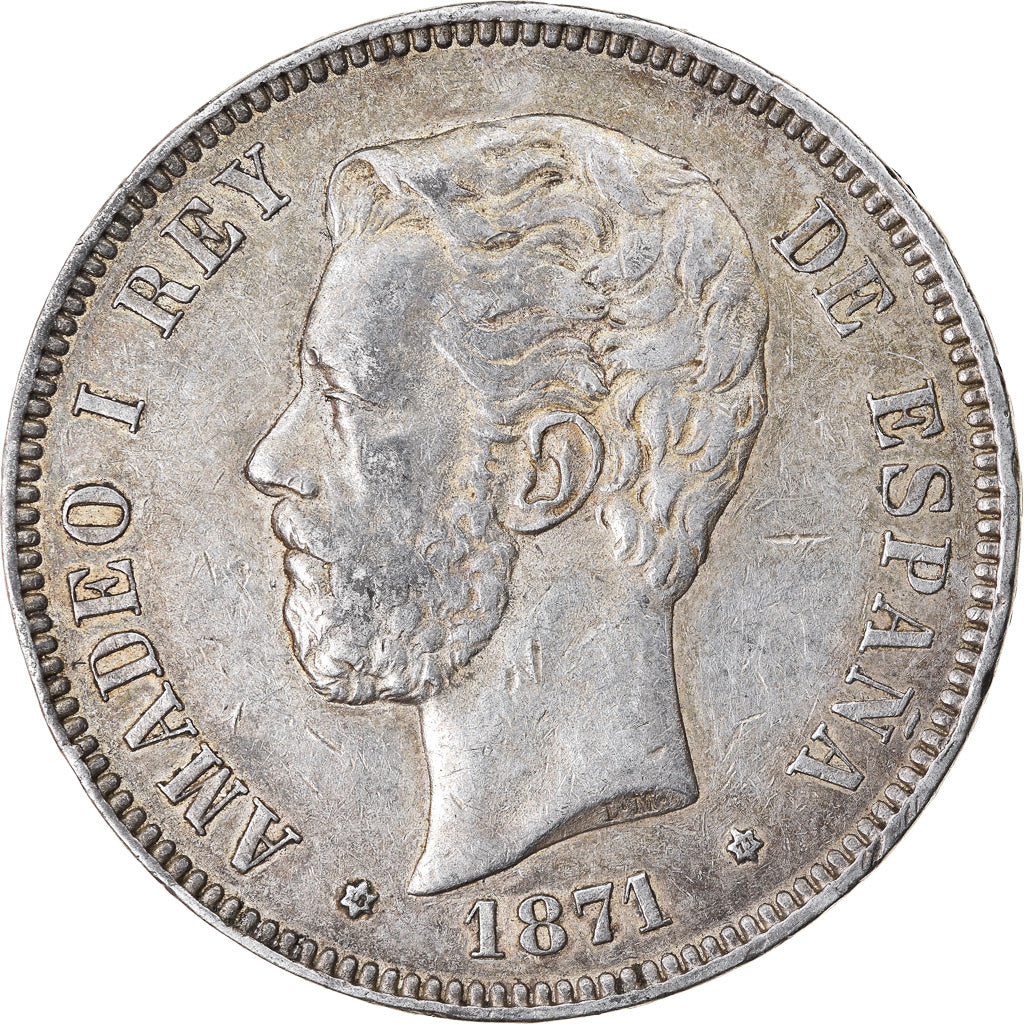 Coin, Spain, Amadeao I, 5 Pesetas, 1871, Madrid, EF(40-45), Silver, KM:666