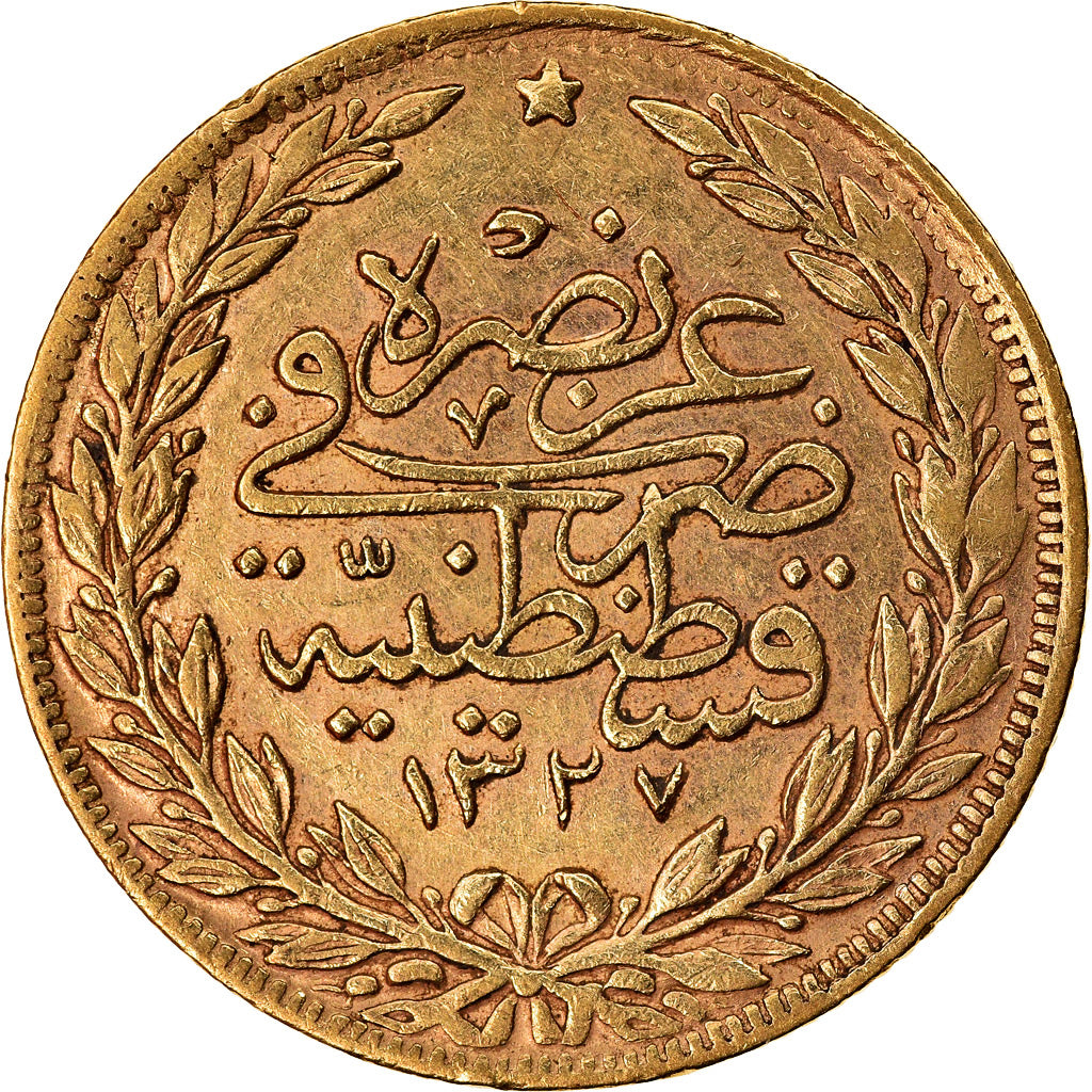 Coin, Turkey, Muhammad V, 100 Kurush, 1915, Qustantiniyah, EF(40-45), Gold